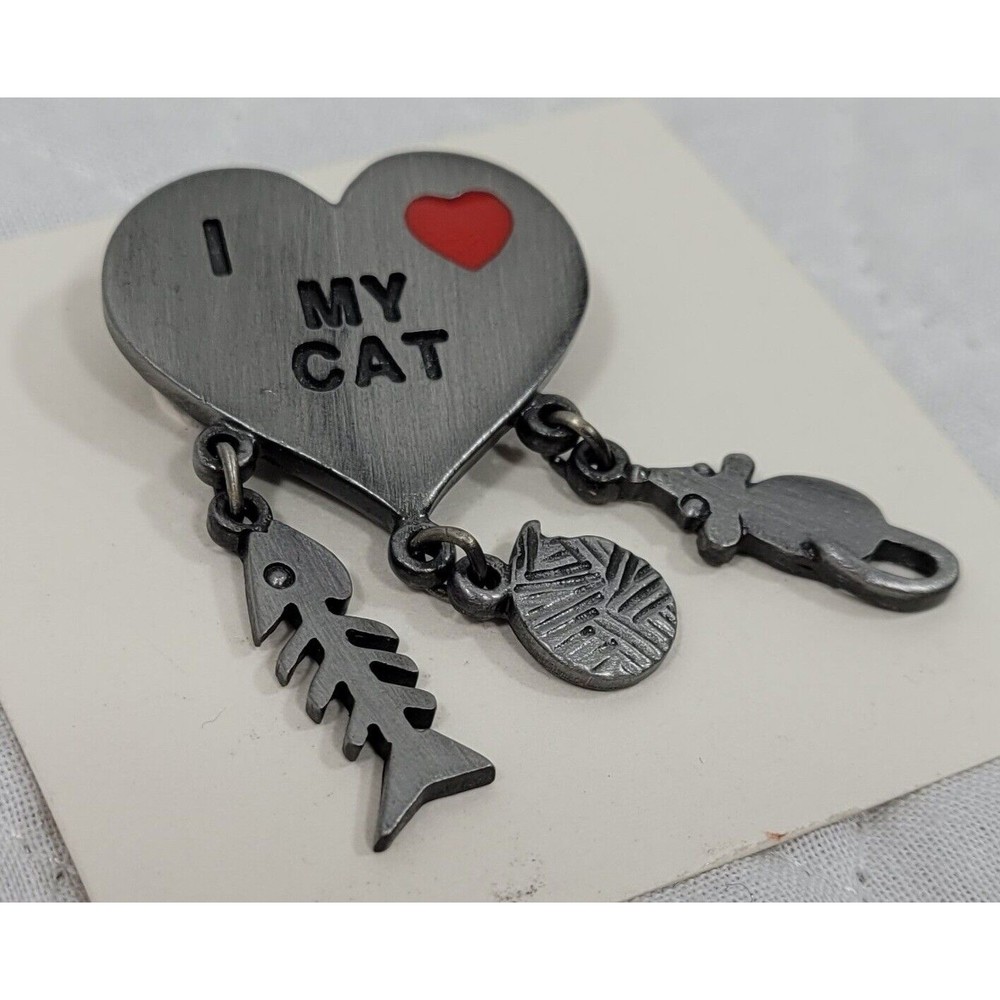 GCI Brooch Pin I love My Cat Vintage Pewter With Yarn Fish Mouse Dangle Charms